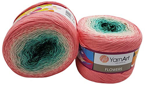 2 x 250g Ilkadim Export Flowers Bobbel Wolle Mehrfarbig, 55% Baumwolle, 500g Bobble Strickwolle mit Farbverlauf (rosa weiss grün 292)