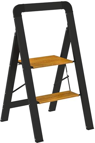 HOMCOM Escalera Plegable de 2 peldaños Escalera de Tijera con asa, Plataforma Antideslizante, Capacidad de Carga hasta 150 kg Aluminio Negro 44,5 x 48 x 86,3 cm