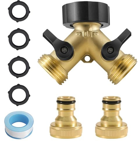 HAFRILY 2 Way Garden Hose Splitter 3/4 Outside Tap Connector with Individual On/Off and Two Quick Connector for Outdoor Garden Courtyard Lawn Kitchen Brass Hose Splitter