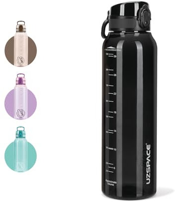 UZSPACE Trinkflasche 1-Liter Sport Wasserflasche, Outdoor Sportflasche für fahrrad gym fitness wandern, auslaufsicher Flasche, spülmaschinenfest, Ein klick Öffnung, kohlensäure geeignet, schwarz