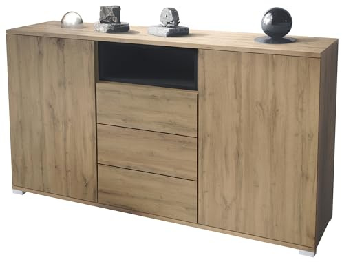 Vladon Skadu V2 Sideboard, Kommode mit 2 Türen, 3 Schubladen und 1 offenem Fach, Eiche Evoke/Schwarz matt (138,5 x 75,5 x 35 cm)
