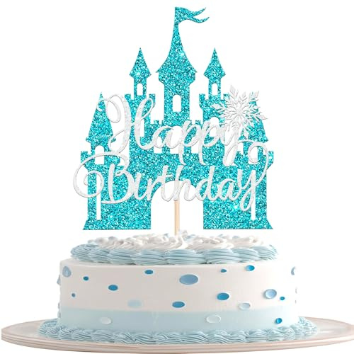 1 Stück Schloss Schneeflocke Tortendeko Winter Schneeflocken Themed Kuchen Deko Glitzer Happy Birthday Cake Topper für Baby Dusche Jungen Geburtstag Hochzeit Party Kuchen Dekorationen Hellblau