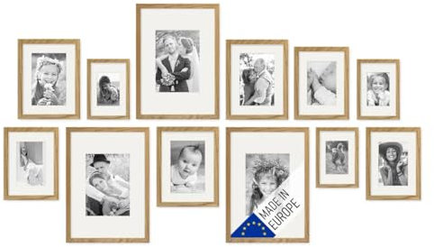PHOTOLINI Echtholz-Bilderrahmen-Set mit Passepartout, 12er Rahmenset, Eiche, Holzrahmen Made in EU, bruchsicheres Acrylglas, zum Aufhängen, extra Zubehör - für Fotos & Bilder