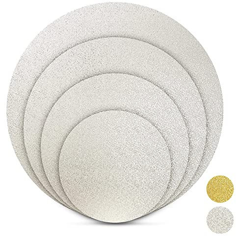 BACKHERZ Bandejas redondas Premium para pastel I bandejas decorativas para tartas I bases de carton I Soportes para llevar Pasteles y Postres I Bandeja para torta I Juego de 4 Unidades I Plateada