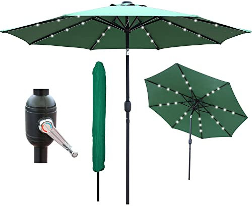 GlamHaus Garden Parasol Solar LED 2.7M,Tilting Table Umbrella with Crank Handle, Protection UV40, Includes Parasol Cover, Gardens and Patios - (Green)