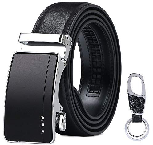 flintronic Herren Gürtel,Hochwertiges Leder material Ratsche Automatik Gürtel für Männer Ledergürtel Breite 3.5cm Länge 129CM-Schwarz (inkl Schlüsselbund & Geschenkbox)