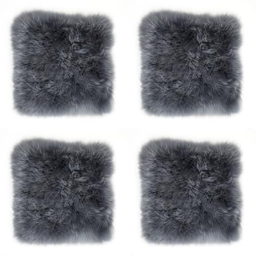 -LUXOR- living Sitzkissen Stuhl Echtfell, Flauschige Sitzauflage, Stuhlkissen, Lammfell Sitzkissen, Fell für Stühle, 34 x 34 cm Grau, 4 Kissen
