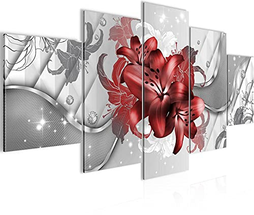 Runa Art Bild Wohnzimmer Schlafzimmer Blumen Lilien 5 Teilig Abstrakt Rot Weiß Wandbilder auf Vlies Leinwand 016553b