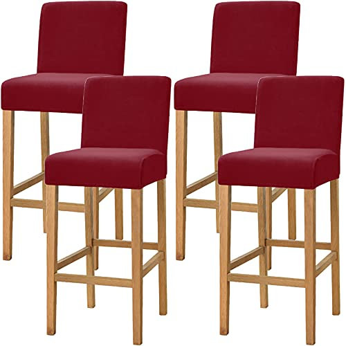 Dimatic Samt Plüsch Stuhl Abdeckung Theke Pub Bar Hocker Stuhl Slipcover für Esszimmer Cafe Barhocker Slipcover Möbelschutz Anti-Rutsch-Bezug mit elastischem Boden, 4er Set, Rot