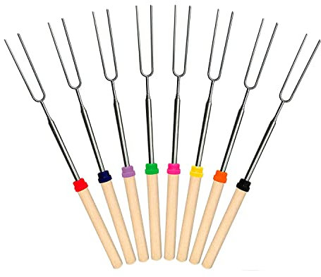 Marshmallow Roasting Sticks 8Pcs Extendable 32inch Long Metal Barbecue Skewers For Grilling Set,Telescoping Smores BBQ Forks, Fire Pit Sticks for Hot Dogs,Camping,Bonfire