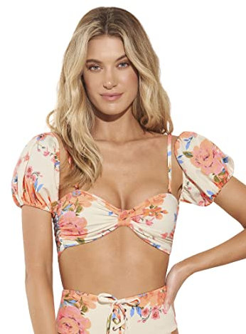 Maaji Women's Puff Crop Top with Removable Soft Cups Straps Detachable Sleeves Bikini, Beige, S