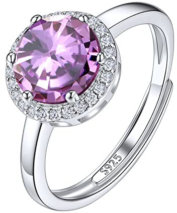 Suplight Bague Anneau Réglable Femme Fille Pierre de Naissance Argent 925 Zircon Rond de 8mm avec Un Cercle de Petit Blanc Zircon Zirconium Violet Clair Juin