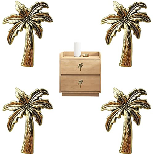 LB-LAIBA Palm Tree Cabinet Knobs Drawer Pulls Handles for Dresser Cupboard Single Hole Coconut Tree Pulls Furniture Doors Home Kitchen Decorative 4 Pieces (Gold)