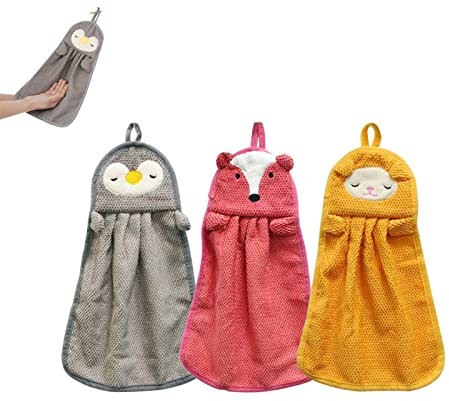 Amacoam Gant De Toilette Animal Mignon Petit Essuie-Mains pour Enfants Ensemble De Serviettes Absorbantes pour AnimauxàSéChage Rapide avec Boucles De Suspension pour Cuisines Et Salles De Bain(3pc)