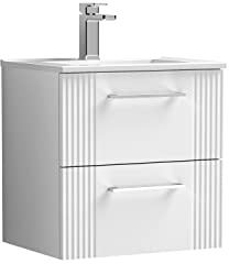 nuie DPF192B Deco Modern Bathroom Wall Hung 2 Drawer Part Fluted Vanity Basin Unit with Minimalist Ceramic Basin, 500mm, Satin White