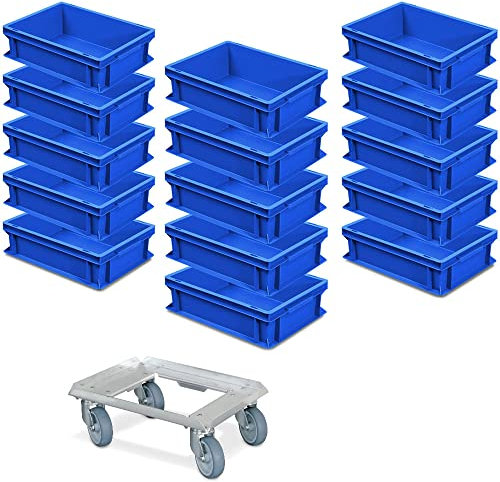 BRB 15er Spar-Set Euro-Behälter Plus Transportroller, 400x300x120 mm in Farbe blau Industriequalität lebensmittelecht