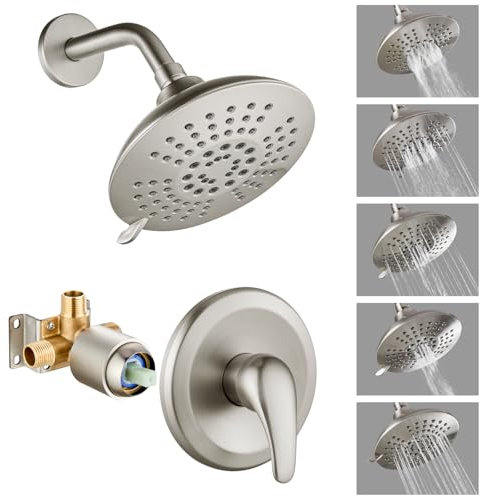 Cinwiny Wandhalterung Badezimmer Duschverkleidung Kit Gebürstetes Nickel mit Druckausgleich, raues Ventil, 5-Einstellung, Einzelfunktion, Einhebel-Duscharmatur-System-Set Badewannenarmaturen