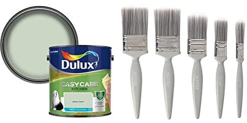 Dulux 500000 Easycare Kitchen Matt Emulsion Paint For Walls And Ceilings - Willow Tree 2.5L and Harris Essentials Walls & Ceilings Paint Brush Set | Pack of 5 | 0.5, 1, 1.5, 2