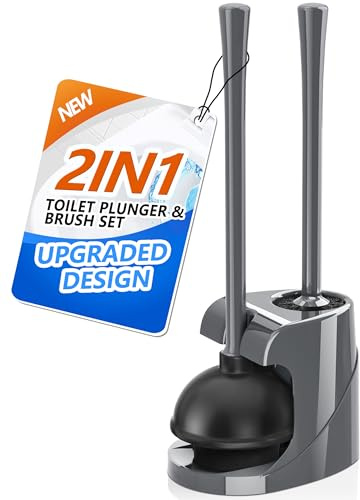 TRENTI Toilet Plunger and Brush with Holder, Bowl Brush and Heavy Duty Toilet Plunger Set for 5.7-inch Toilet Drain, 2-in-1 Bathroom Cleaning Combo with Modern Caddy Stand (Gray)