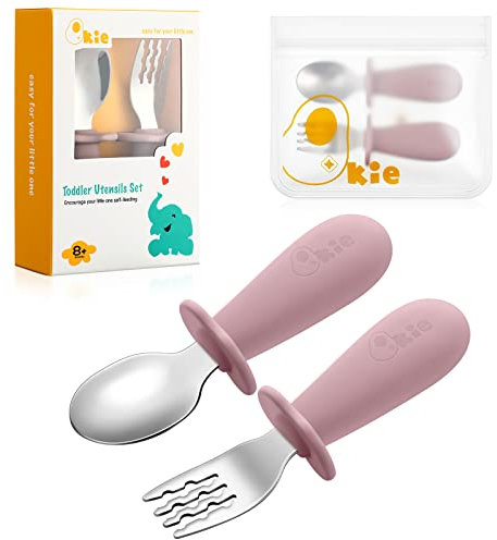Qkie Couverts pour Enfants - Avec sac de Rangement - Fourchette et Cuillère pour Bébé en Acier Inoxydable - Poignées en Silicone pour Bébé Toutpetit Autoalimentation, Sans BPA, 8 Mois+ (Dusty Lilac)