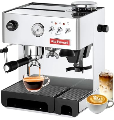 La Pavoni Domus - Máquina de café expreso/capuchino - Molinillo cónico integrado con 7 ajustes - Cuerpo de acero inoxidable - Depósito de agua de 2,7 l - Varita de vapor turbo y caldera de latón