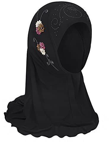 Mädchen Kopftuch Kinder Muslimischer Hijab Kleines Mädchen Moslem Schal mit Blumen Arabien Islamische Kopfkappe Kleidung Schal Sommer Stretch Turban Gesichtsschleier Kopfbedeckung (Blümchen-Schwarz)