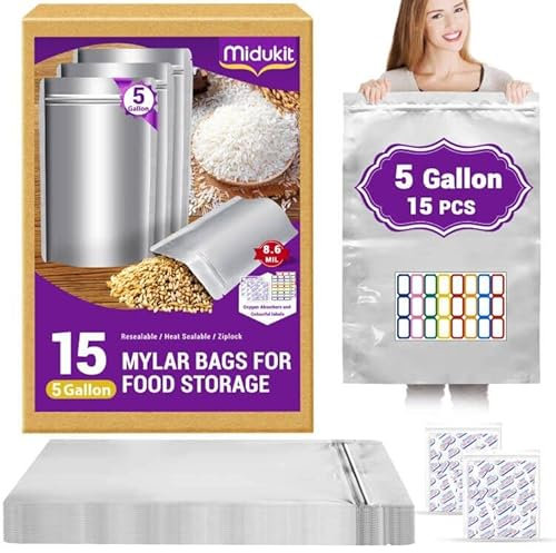 Midukit 15PCS Mylar Bags for Food Storage 5 Gallon 17''x28'' 8.6Mil, Mylar Bags with Oxygen Absorbers 40000cc + Labels Heat Sealable Resealable Ziplock, XXL