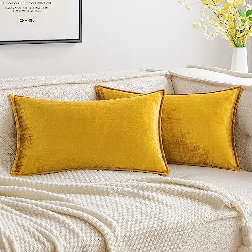 MIULEE 2er Set Samt Kissenbezug Flansch Kissenhülle Dekorative Sofakissen Dekokissen Umwickelte Kante Kissenbezüge Zierkissenbezug für Sofa Wohnzimmer Schlafzimmer 40x60 cm Golden Luxuriös