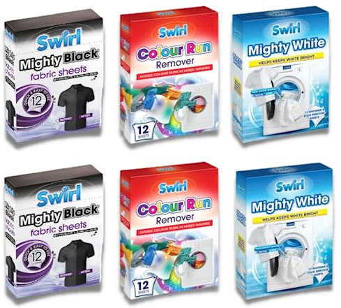 Mighty White Clothes Stain Remover Whitener, Mighty Black Fabric Sheets and Colour Run Remover for Clothes| 12 Sheetof 72 Fabric Sheets