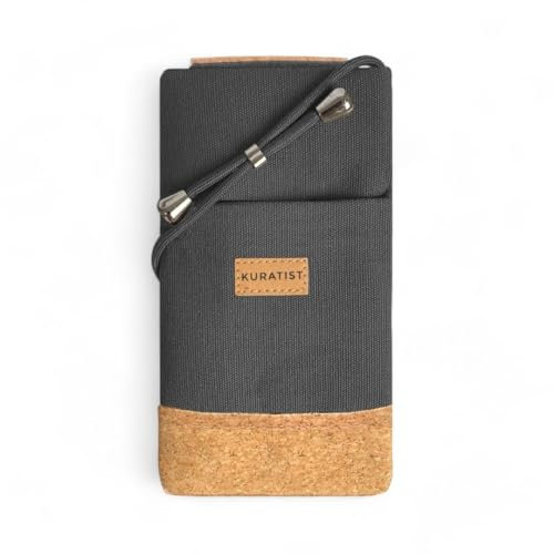 Kuratist NELA Handy Umhängetasche - Canvas & Naturkork - Größe L (Charcoal) - Für Smartphones bis 6.9 Zoll, Kompatibel mit iPhone, Galaxy, Xiaomi, Verstellbarer Gurt, Modern & Minimalistisch