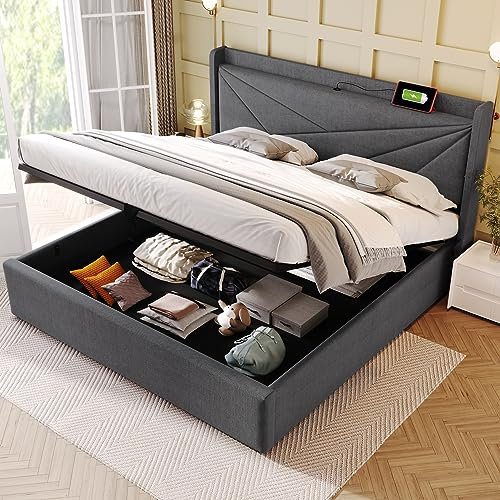 Oyemige Polsterbett 180x200, Doppelbett mit Stauraum und Lattenrost, Kopfteil mit USB Typ C Ladefunktion, Hydraulisch Stauraumbett Rückenlehne Funktionsbetten Jugendbett, ohne Matratze, Leinen Grau