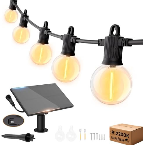 ZOTOYI Guirnalda Solar LED 15M - IP65 Impermeable, 24 Bombillas G40, 4 Modos, Luces Exterior Jardín - Cadena Innovadora Blanco Cálido