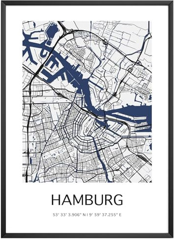 MJ-Graphics - Stadtkarte-Poster Hamburg - Bild mit schöner Karte & Koordinaten | Wandbild Din A2 in Galerie Qualität mit extra dickem 300g Posterpapier - FineArt Kunstdruck ohne Bilderrahmen