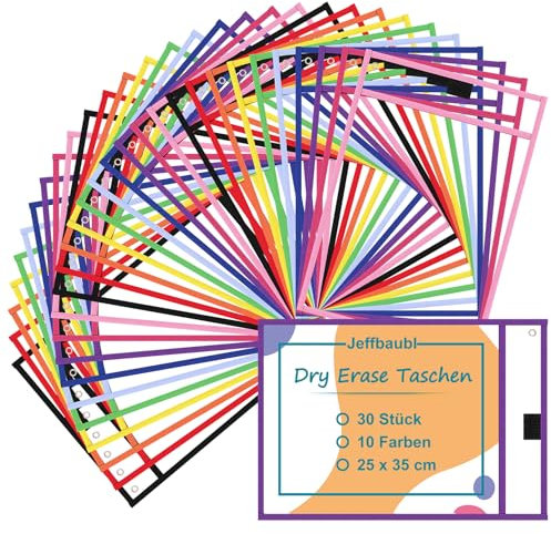 Jeffbaubl 30 Stück Dry Erase Taschen, Wiederverwendbar Trocken Abwischbare Taschen,10 Farben Dry Erase Pockets, Abwischbare Durchsichtige Hüllen, Schreibwaren Lieferungen für Büro und Schule