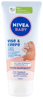 NIVEA Baby, Gesichts- & Körpercreme, weich, 100 ml, feuchtigkeitsspendende und pflegende Baby-Körpercreme, Gesichtscreme für Neugeborene mit Mandelmilch und Vitaminen, Baby-Körpercreme gegen