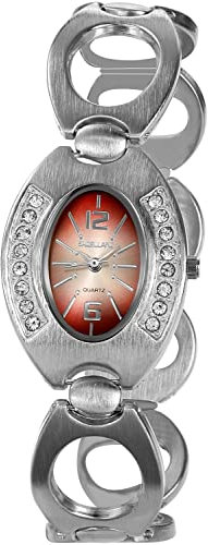 Excellanc Design Damen Armband Uhr Rot Silber Oval Analog Metall Strass Kkristalle Frauen Quarz 9150025000106