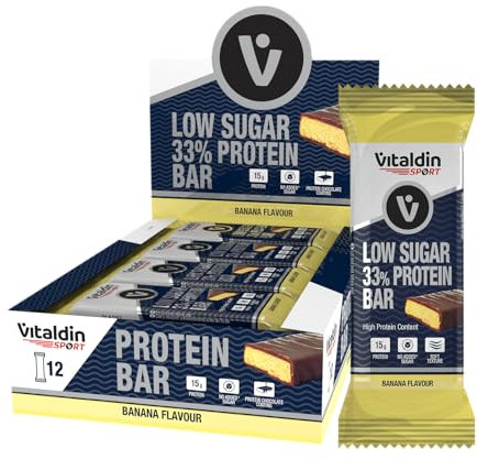 VITALDIN SPORT Barre protéinée faible en sucre à la banane - 12 barres de 45 g; saveur banane - Barre à haute teneur en protéines et faible en sucre - Sans sucres ajoutés