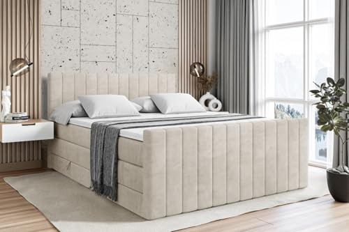 ALTDECOR Boxspringbett mit Matratze und Lattenrost, Topper, Fußteil,Polsterbett mit Bettkasten, Bett mit Stauraum H3- und H4- Matratze, Doppelbett - Edita-Z King - 200x200 - Beige Samt
