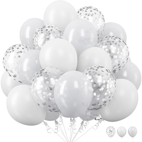 Luftballons Weiß, 12 Zoll Weiß Latex Ballons Matt Weiß Helium Ballons mit Silber Konfetti Luftballons für Boho Geburtstag Hochzeit Braut Babyparty Dekoration