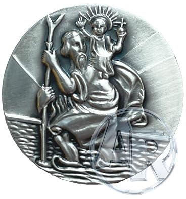 Generisch Heiliger Christophorus Schlüsselanhänger & Plakette, 999-feinversilbert, Gesegnet und Geweiht (Plakette mit Klebepunkt, 3,5 cm) (Schlüsselanhänger mit Gravur)