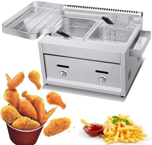 Friteuse à gaz, friteuse à gaz à double cylindre, Friteuse À Gaz Multifonction en Acier Inoxydable Épais, friteuse de frites de poulet pour frites restaurant de cuisine à domicile,8Lx2