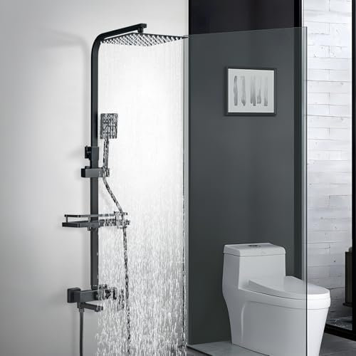 Hevenaov Columna Ducha con Grifo Negra, Columna Ducha Altura Regulable 72-108cm, Columna de Ducha con Alcachofa de Ducha Cuadrado 25x25cm Ducha de lluvia de 3 funciones, Acero Inoxidable