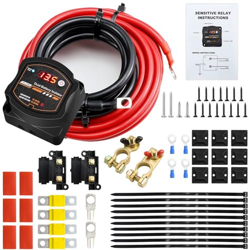 Melopr 5m Split Charge Relay Kit Waterproof, 12V 140Amp Dual Battery Isolator For Truck Caravan Yacht Battery Controller Voltage Sensitive With Led Screen Display
