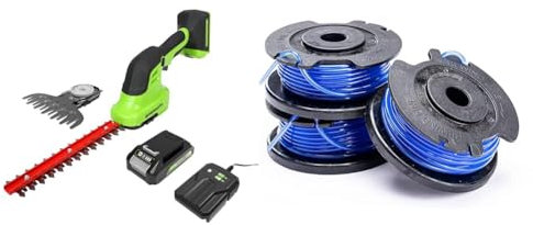 Cisaille sculpte-Haies & Taille-Herbe de 120mm à Batterie 2Ah 2en1 Greenworks G24SHTK2 & Bobine à Fil Unique, 4,8 m de Fil par Bobine, 3 Pièces Incluses, 1,65 mm de Diamètre