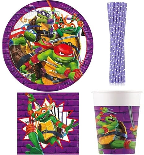 Playflip Partygeschirr Teenage Mutant Ninja Turtles Partyset Kindergeburtstag Party Geburtstag-Deko Dekoration Teller Becher Servietten Einweggeschirr