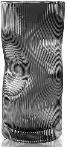 Schwarz Grau Vase, Blumenvase Groß Hohe Glas Vasen für Deko Aesthetic, Gross Glasvase mit Gerippter Textur, Modern Wohnzimmer Schwarze Kunst Dekoration