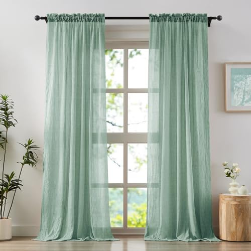 Anpark Elegante mintgrüne Vorhänge, 244 cm L, Schlafzimmer, Wohnzimmer, Baumwoll-Leinen-Knitter-Vorhänge, halbtransparent, lichtdurchlässig, natürliche Voile, 2 Paneele, Stangentasche, B132 x L244 cm