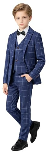 LOLANTA 5 Piece Boys Suits Set, Page Boy Wedding Prom Suit, Kids Plaid Blazer Suit Boys Formal Tuxedo Jacket Trousers Vest Shirt Bow Tie