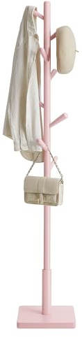 VASAGLE Solid Wood Coat Rack, Free Standing Hall Coat Tree with 8 Hooks, 3 Height Options, for Coats, Hats, Bags, Purses, for Entryway, Hallway, Rubberwood Hooks and Pole, Jelly Pink URCR010R01