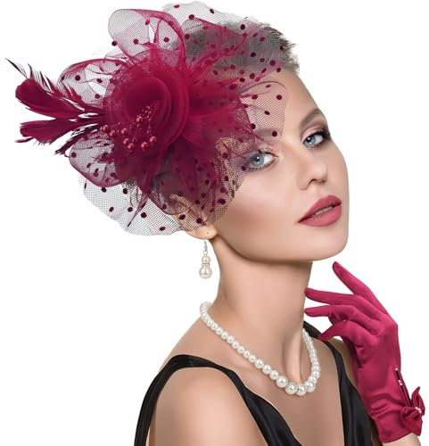 DRESHOW Fascinator Hüte für Damen Schleier Mesh Tea Party Hut Feder Pillbox Hut und Handschuhe Perlenschmuck Set für Cocktail 1920er Party Kopfbedeckung